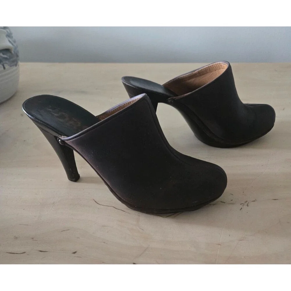 KORS Michael Kors Brown Wood Stiletto Leather Clog Mules size 6 Boho Vintage